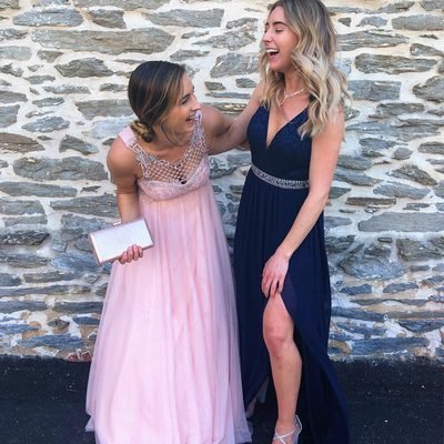 Prom 2019 Dress Ideas from two girls in long pink and navy prom dresses